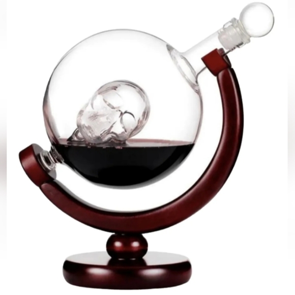 🆕 Godinger Whiskey Globe Skull Decanter Vertex Crystal Glass & Wood New In Box - Picture 8 of 10